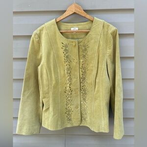 J Jill vintage suede leather jacket size L laser cutout chartreuse Y2K boho